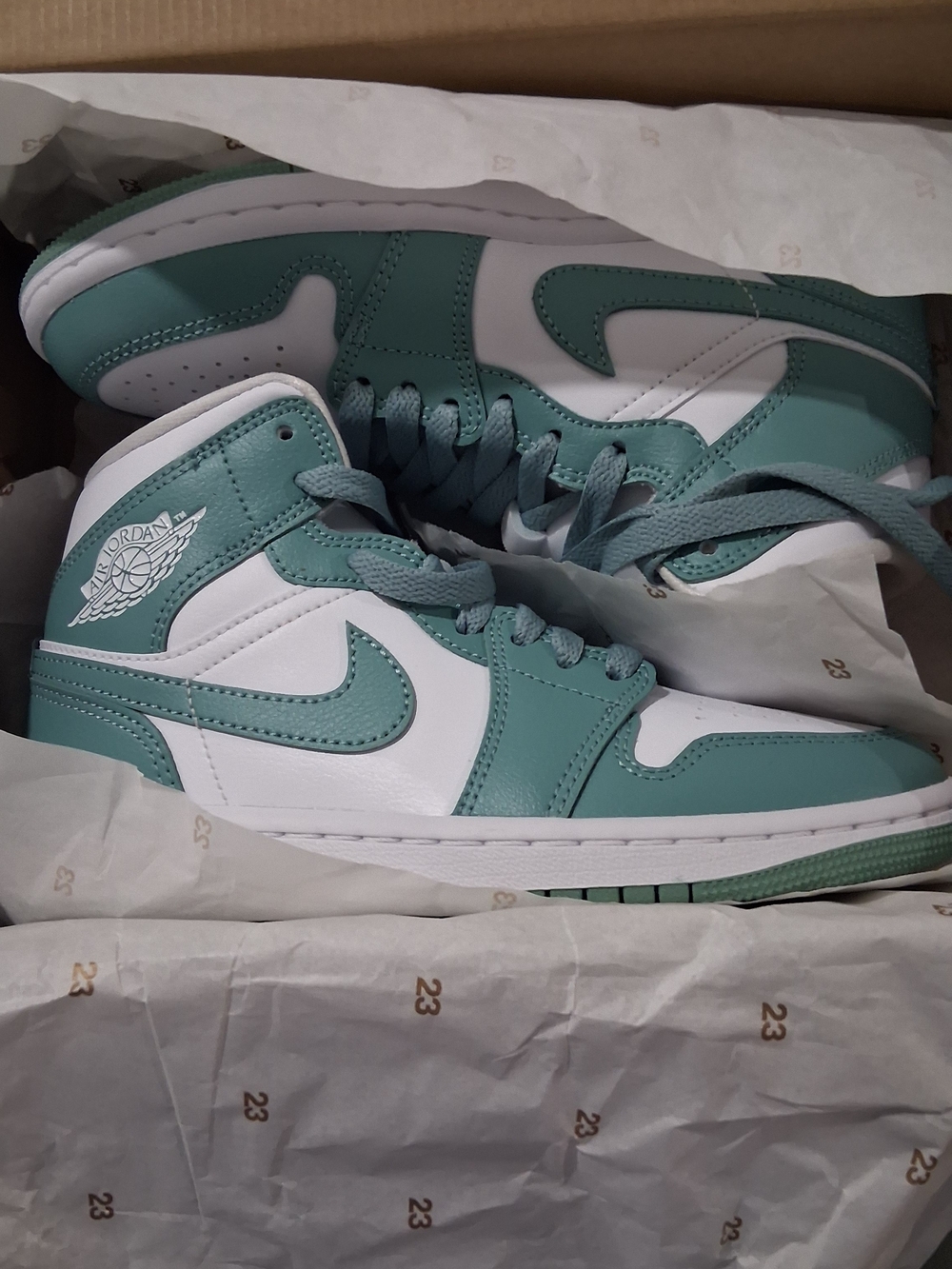 Air Jordan 1 Mid-Top Sneakers in Teal and White/Cannon
